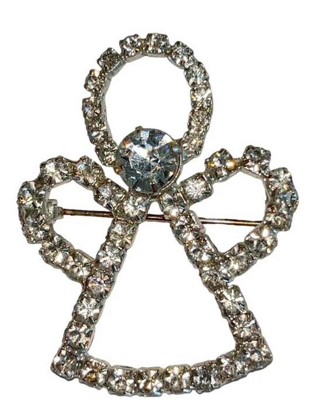 Angel Brooch Clear Rhinestones Pin Silvertone  No Brand A1219
